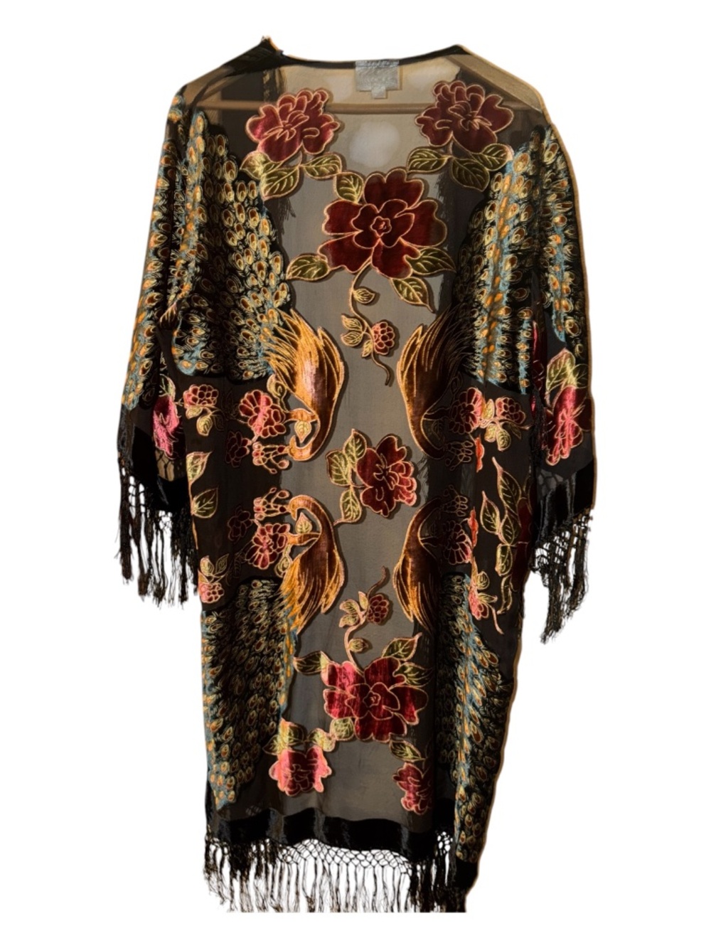 Dalin Velvet Burnout Peacock Fringe Gypsy Boho Kimono